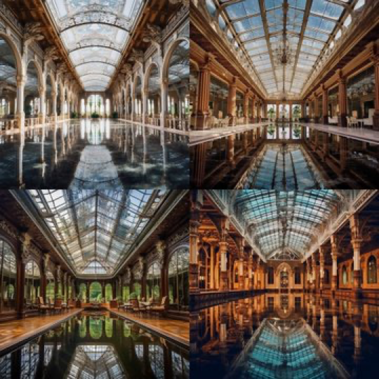 Tip: reflect up (pool water) to show height. 
 
 Prompt: large mirrored roof. Reflection photography. opulent luxurious detailed room with large...