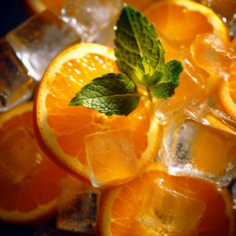 Cup rim close-up angle Ice orange juice close-up, orange juice created by jules vernon star orange photo, Western Zhou style,...