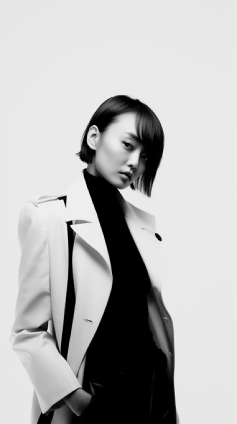 MJ Prompt: minimalism, female editorial portrait, high fashion, from Japan, black and white clothing, bright yellow background, high contrast, ultra...