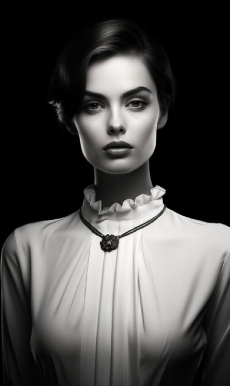 a gorgeous and elegant female model posing confidently, in the style of patrick demarchelier, fashion attire, black and white photo,...