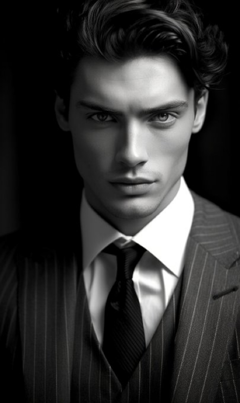 black and white portrait of a gorgeous male model wearing an elegant suit pierce gaze. in the style of patrick...
