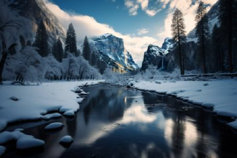 Breathtaking Yosemite National Park landscape in winter, shot with Nikon D850 and Nikon AF-S NIKKOR 14-24mm f/2.8G ED lens, natural...
