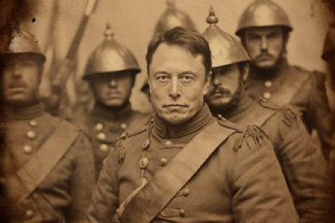 An 1800s wet plate ambrotype closeup of Elon Musk in a group of soldiers. Sepia toned, grainy, imperfections. --ar 3:2