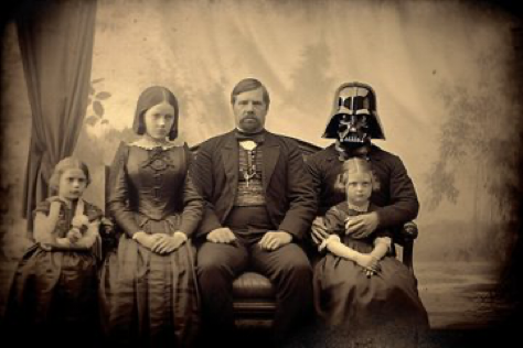 An 1800s wet plate ambrotype closeup family portrait of Darth Vader, Sepia toned, grainy, imperfections. --ar 3:2
