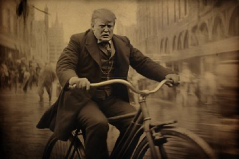 An 1800s wet plate ambrotype closeup of Donald Trump on a bicycle, busy city, Sepia toned, grainy, imperfections. --ar 3:2