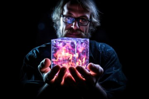A crazy scientist presenting a cube of neonfrostfire, black background. Photograph. --ar 3:2
