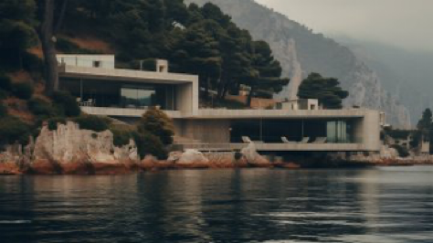 evil mastermind&#039;s villa exterior sitting in the middle of the water near mountains, atmospheric portraits, industrial photography, dotted, subtle color...
