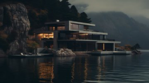 evil mastermind&#039;s villa exterior sitting in the middle of the water near mountains, atmospheric portraits, industrial photography, dotted, subtle color...