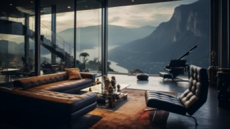 evil mastermind&#039;s villa interior, near mountains, atmospheric portraits, industrial photography, dotted, subtle color contrasts, landscape inspirations, flat --ar 16:9