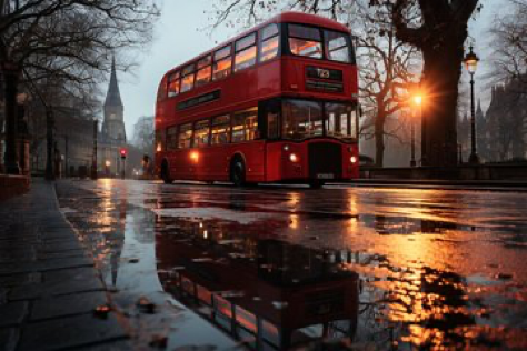 A captivating photograph captures the reflecting in a puddle on a bustling London street. The historic architecture of the city...