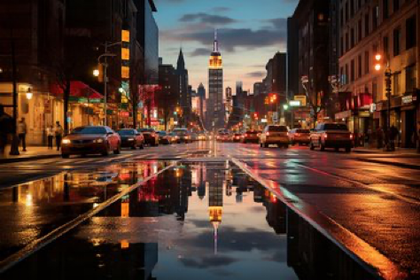 An enchanting photograph showcases the dazzling colors of a rainbow mirrored in a puddle on a lively New York City...