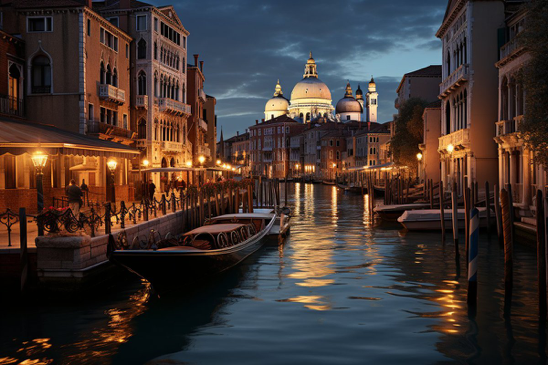 A breathtaking image of the historic city of Venice, Italy, as twilight descends upon the city. The warm, ambient light...