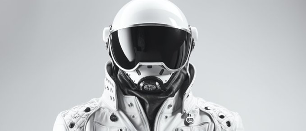 editorial black and white image, modern astronaut suit, clean design, detailed fashion --ar 21:9 --style raw
