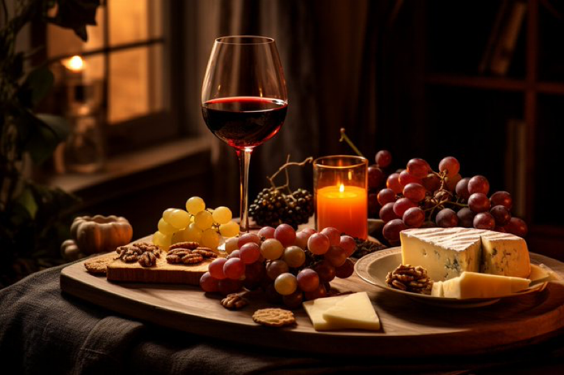 a tempting photo of a wine and cheese platter, romantic chiaroscuro lighting, evening, interior shot --ar 3:2