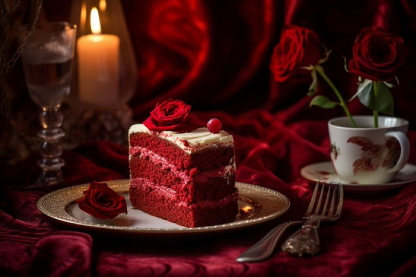 a tempting photo of a red velvet cake, romantic chiaroscuro lighting, evening, interior shot --ar 3:2