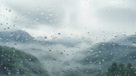 misty white glass window raindrops condensation overlooking mountains --s 250 --ar 16:9