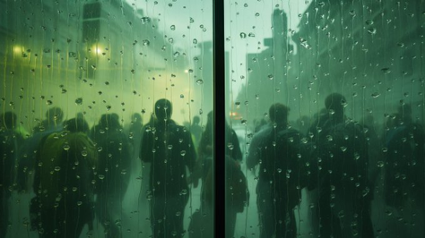 misty green glass window cascading raindrops condensation overlooking people --s 50 --ar 16:9