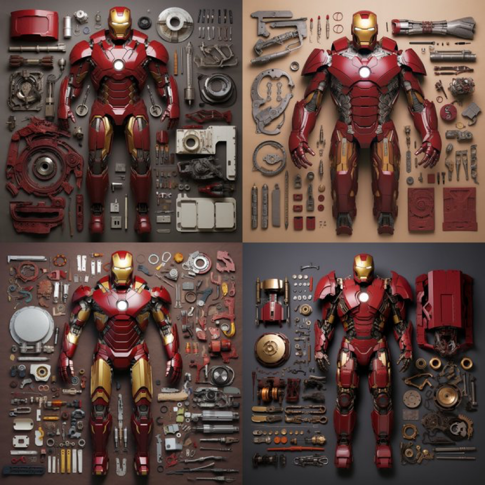 iron man suit disassembled neatly put on a matt