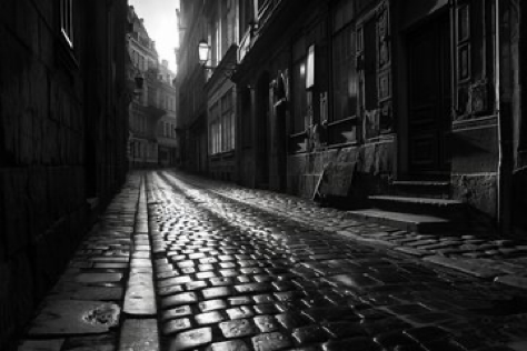 Picture a narrow, cobblestone street in the old part of the city that captures the true essence of Neo-Noir, dramatically...