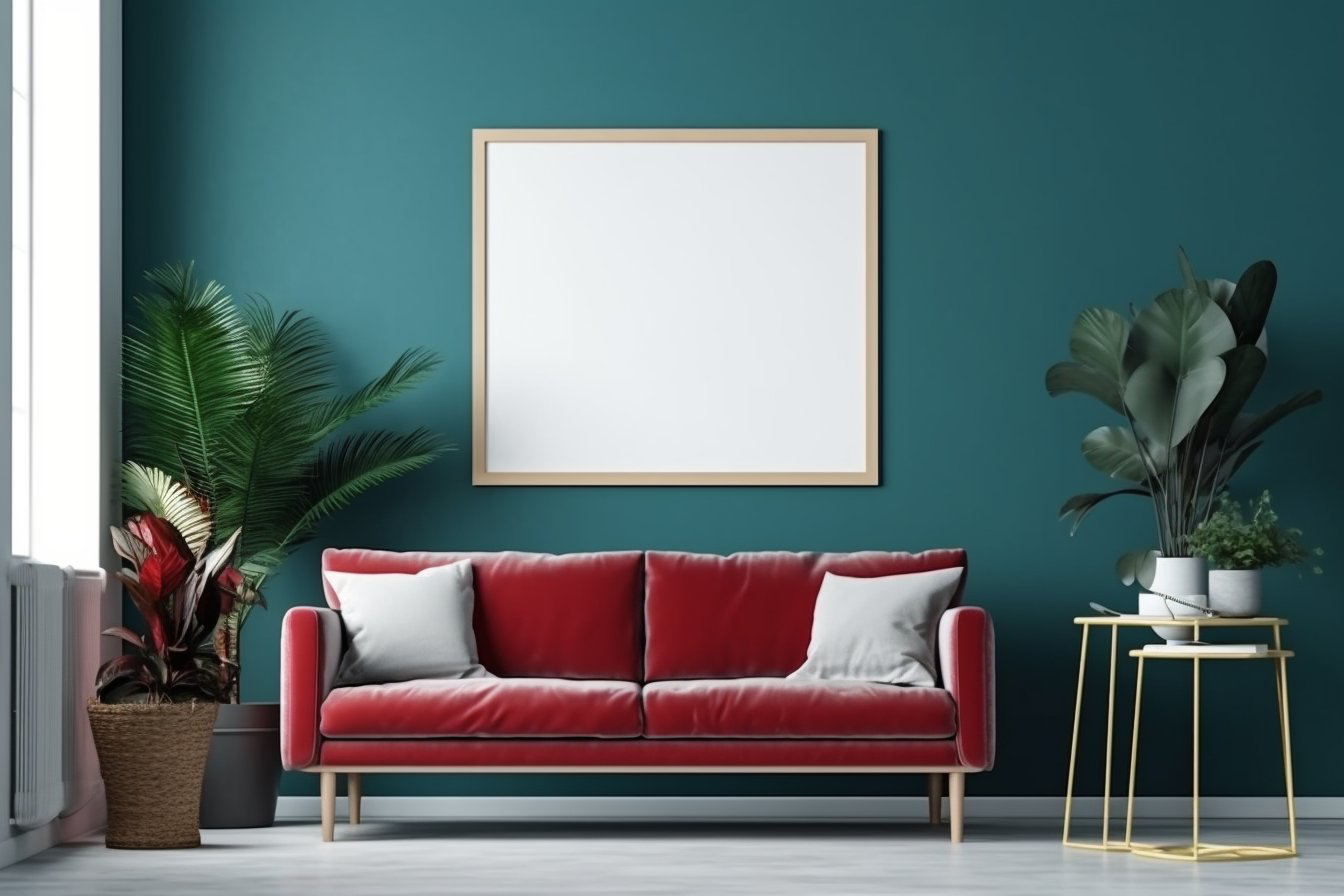 living room with a blank empty painting frame on a wall with a 2 inch frame, colors: blue, white, focus...