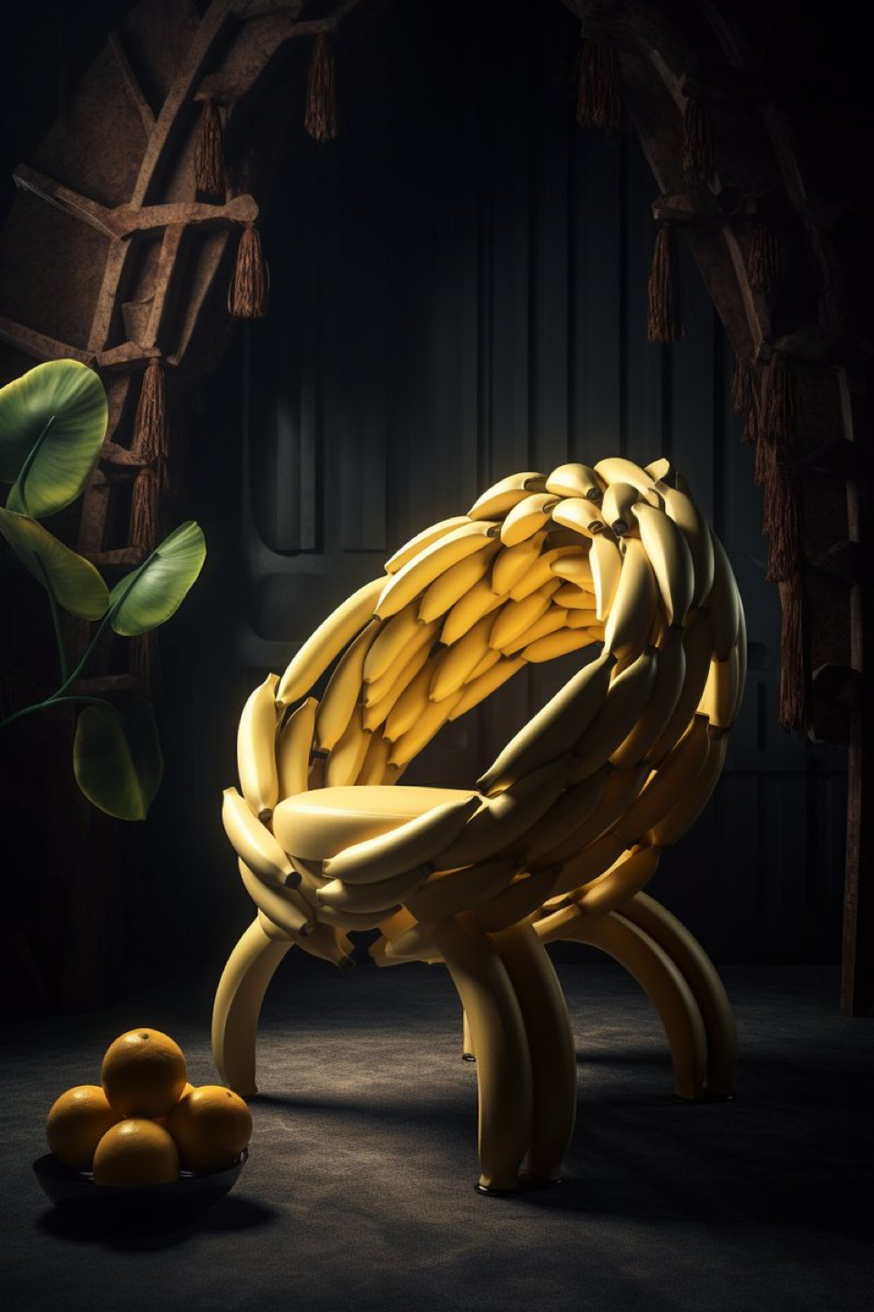 Subject: A futuristic organic chair made of bananas, Style:Japandi, Photography: furniture photography, Lighting: realistic shadows, realistic lighting, realistic reflections, Colors:...