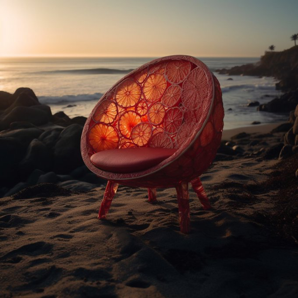 a modern chair made entirely of juicy red grapefruits, juice glistening against the light of the sun shining down, at...