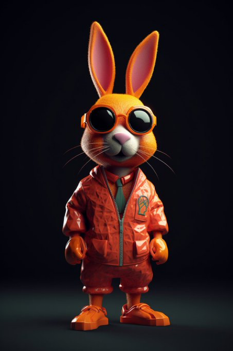 'full body 3d render of a pythonic cartoon rabbit in orange suit, in the style of ray tracing, dark pink...