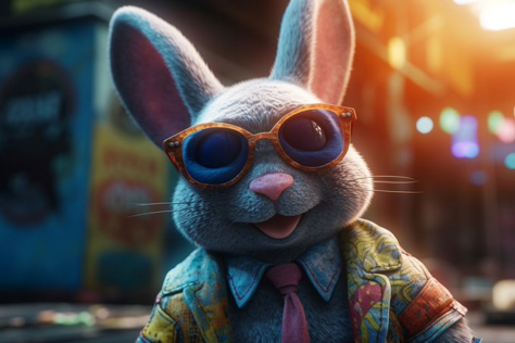 'a cartoon rabbit wearing sunglasses, in the style of vray tracing, neonpunk, photo-realistic techniques, konica big mini, detailed costumes, colab,...