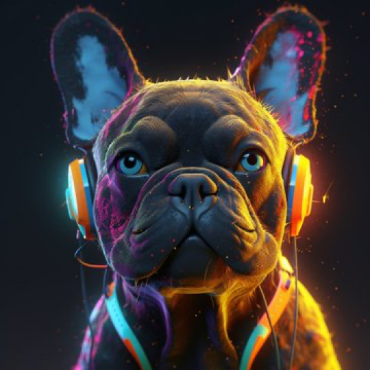 Neonpunk-inspired digital art of a French Bulldog with an amusing expression, vibrant neon colors and futuristic elements, ray tracing techniques...