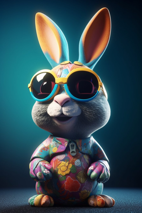 'portrait of a cartoon rabbit wearing sunglasses, holding Easter egg, 8K, ultra highly detailed, vray tracing style, neonpunk, photo-realistic techniques,...