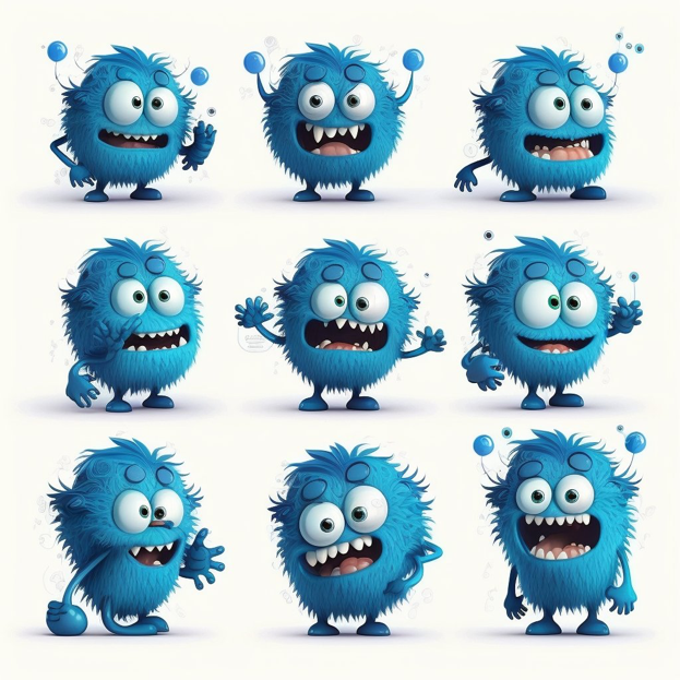 blue cute monster character sheet, cartoon style, cute, character design, multiple poses and expressions, isolated on white background --v 4...