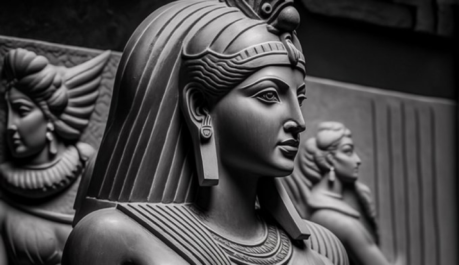 a relief depicting the pharaohlike statue of Cleopatra in the style of stark black and white, made of all of...
