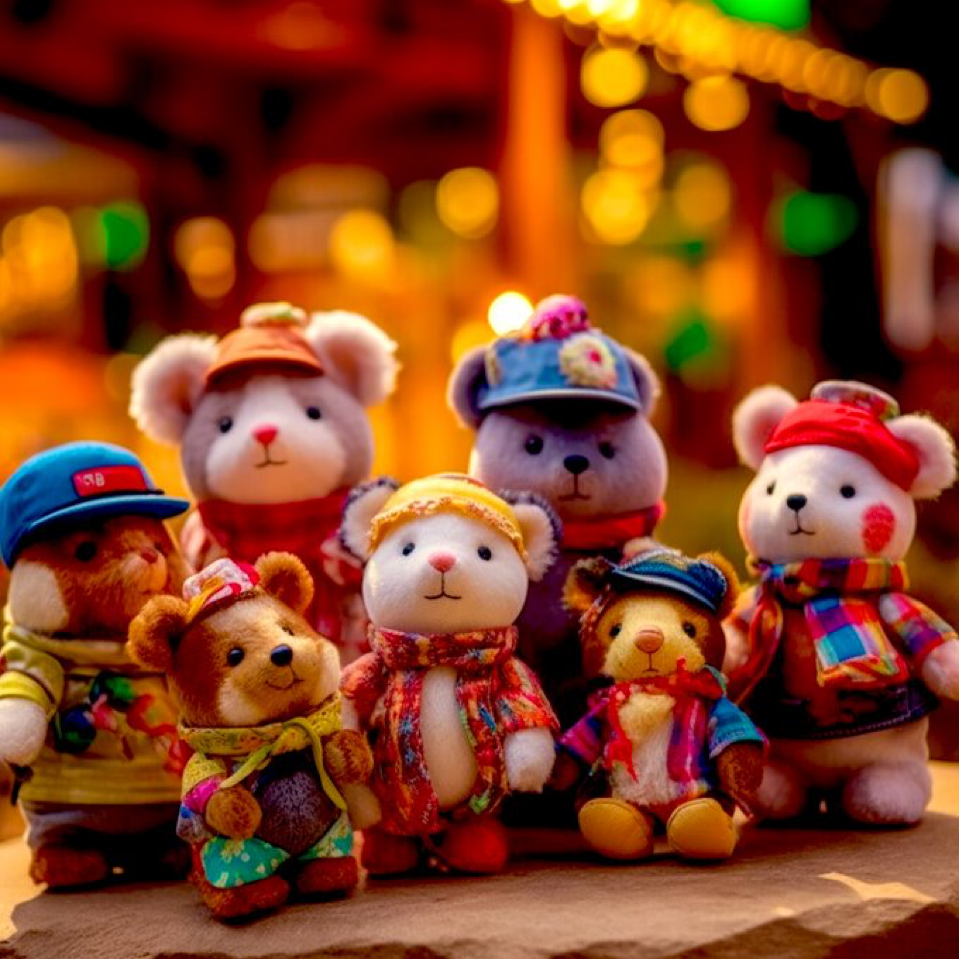 a photo shot of 10 stuffed animals wearing festival clothes, product shots, bokeh background, cartoon, cute, charming, carnivalesque --s 1000