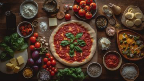 A knolling-style display of all ingredients required for a delicious homemade pizza, including fresh dough, tomato sauce, mozzarella cheese, pepperoni,...