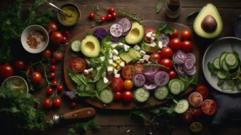 A knolling presentation of ingredients for a refreshing summer salad, featuring mixed greens, cherry tomatoes, cucumber, avocado, red onion, and...