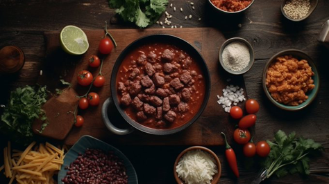 A knolling-style arrangement of ingredients for a hearty chili con carne, including ground beef, kidney beans, tomatoes, onions, garlic, and...