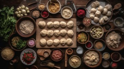 A knolling display of all components needed for a delicious homemade dumplings, including meat stuffing (beef, pork or their mixture),...