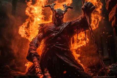 Surtr the fire giant plunging his firery sword into the depths of Asgard, sword engulfed in flames, fire giant surtr,...