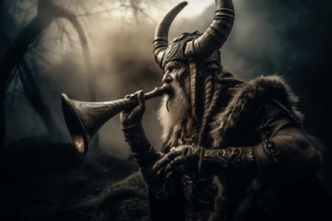 A Viking god with glowing eyes blowing a battle horn made of Ivory, the Gjallarhorn, a horn made of an...