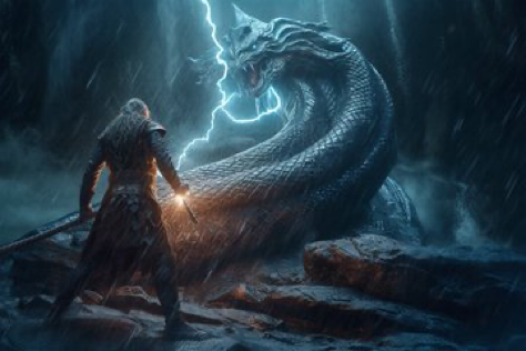 Norse god of thunder Thor standing with his arms opened out, welcoming danger, surrounded by blue glowing lightning energy, facing...