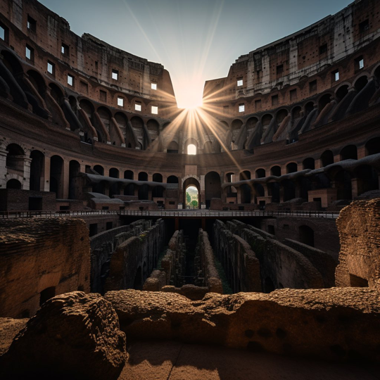 A stunning picture of a mini sun rising within the ancient Roman Colosseum, illuminating the grand architecture and creating dramatic...