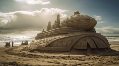 A fine art scene depicting a fantastical sand sculpture of a life-sized, sand-carved spaceship, as if it had crash-landed on...