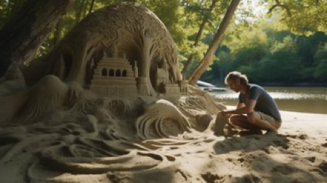 An environmental portrait showcasing a sand artist shaping a curious sand sculpture of an ancient, underwater city, complete with aquatic...