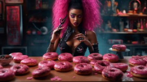 female superhero eating donuts, aetherpowerpunk style, epic surrealism, archival photo, whirlwind, imaginative characters, dark and chaotic, dark place, dynamic motion,...