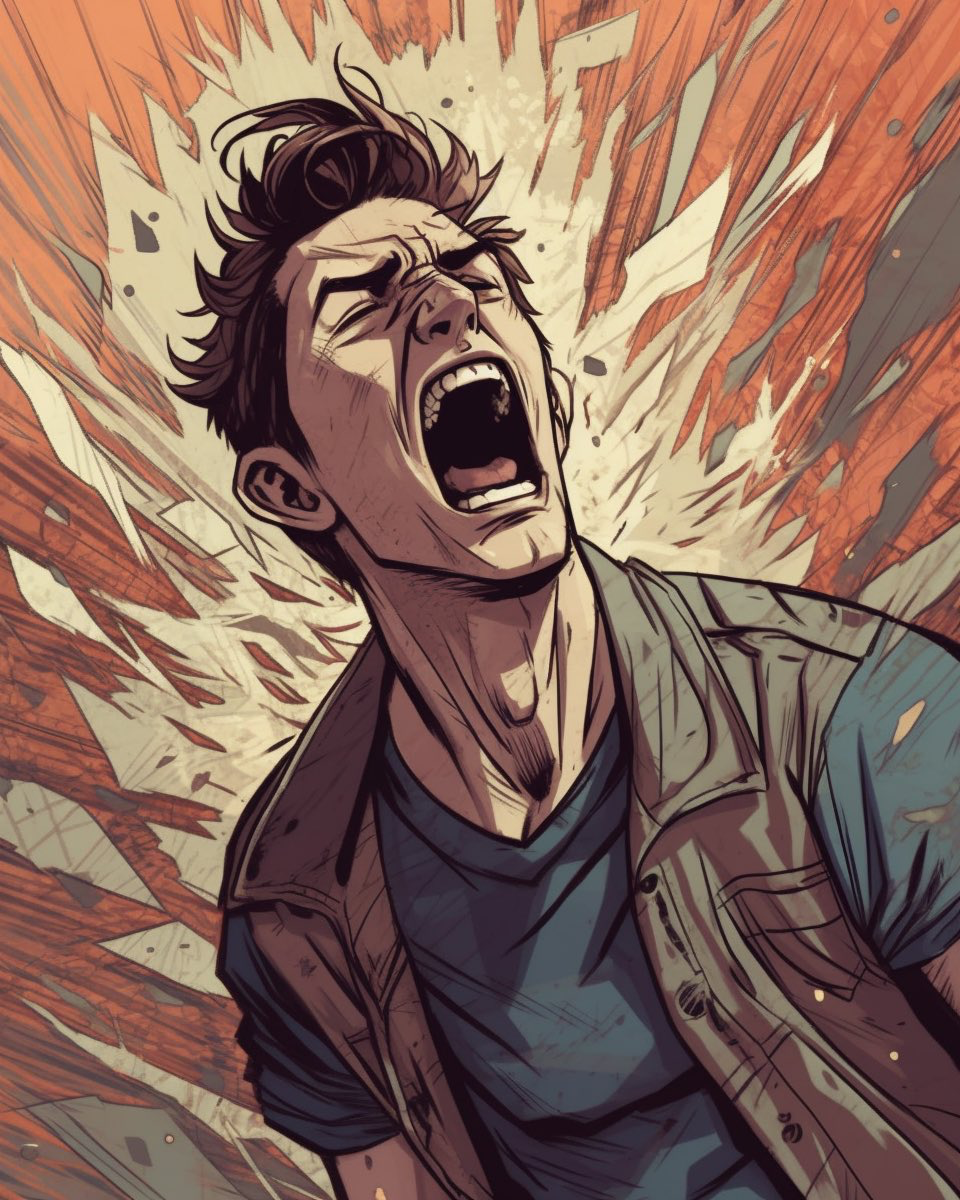 Blend of comic book art and line art in full natural colors, A young man angry, shouts at the wind...