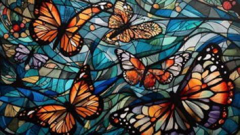 stained glass collage, butterflies, vector, minimal, black copic marker pen --ar 16:9 --v 5 --s 1000