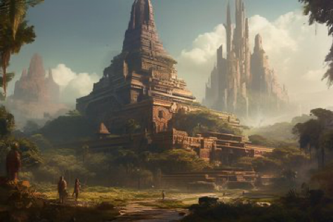 A futuristic thriving Maya civilization inspired by Daniel Dociu and Beeple(Mike Winkelmann): low-angle, wide-angle lens photo capturing in the far...