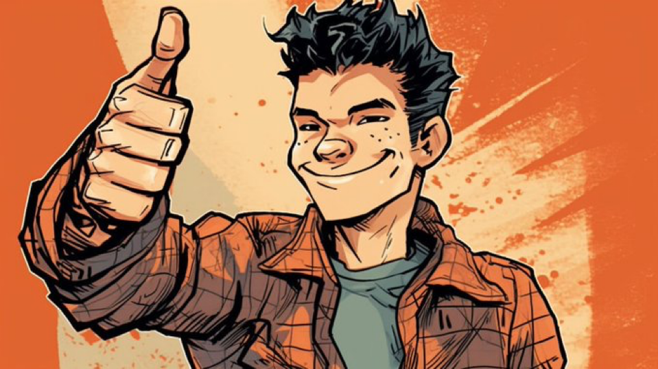 Blend of comic book art and line art in full natural colors, A young man, happy, gives a thumbs up...
