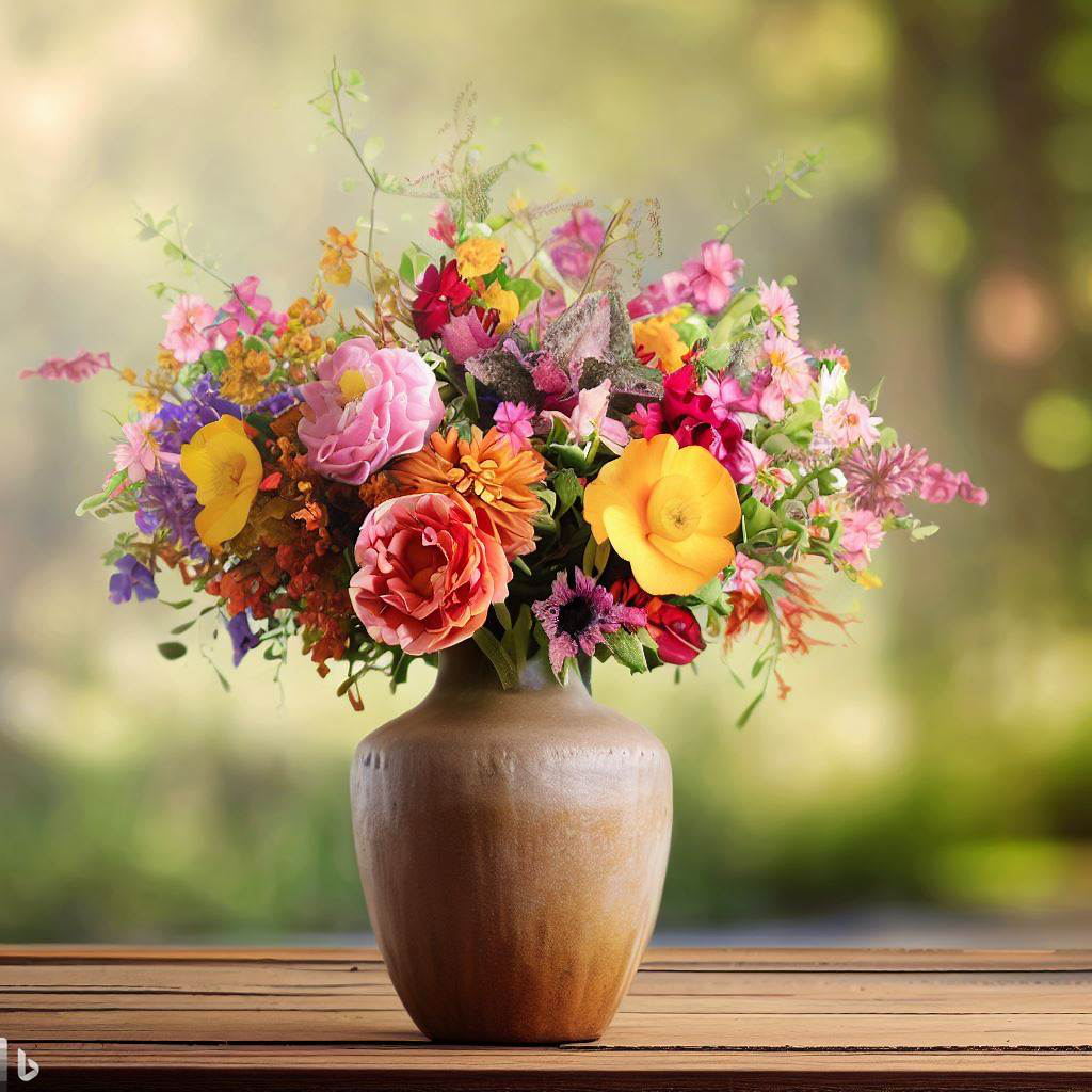 A bouquet of colorful flowers in a rustic vase, sitting on a wooden table in front of a blurred nature...