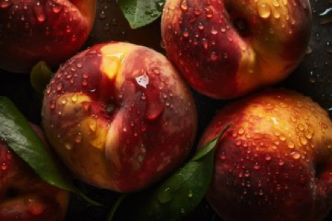 close up shot of Fresh peaches, seamless background, glistening with drops of water, Top down view, Shot on a Hasselblad...